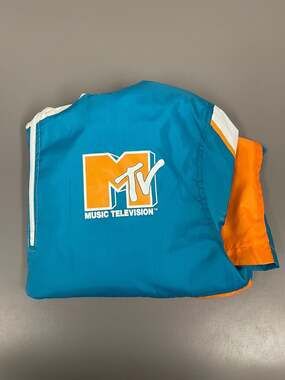 MTV Music Television Windbreaker Jacket Pullover Aqua Orange Zip Hooded Size S